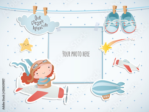 Holiday card design with balloon and baby girl pilot. Baby shower. Paper, scrapbook.