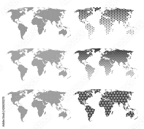Set of six world maps with different patterns. Maps with dots, lines, hexagons, squares