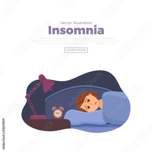Sleepless woman face cartoon character suffers from insomnia.