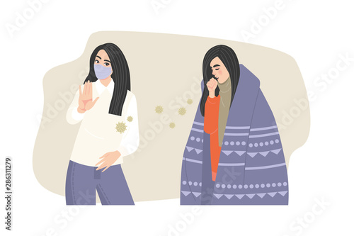 A girl wrapped in a plaid suffering a cough and a girl in a medical mask. Virus protection.