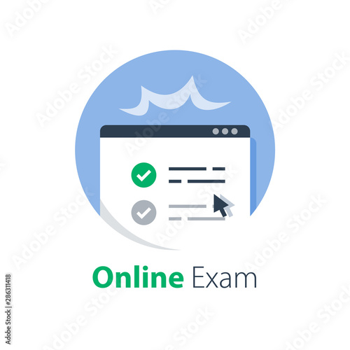 Pass online exam, knowledge review, distant learning, complete course, internet education, fill out e-form