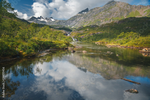 Beautiful Scandinavian landscape  mountains and a lake on the Vesteralen archipelago in Norway
