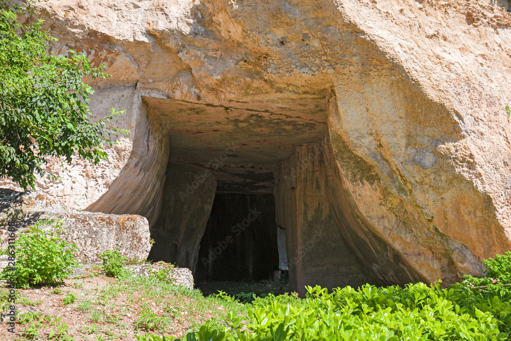 Entrance of the cave of the Cordari, in the latomia of Paradise in Syracuse, in Sicily Italy.