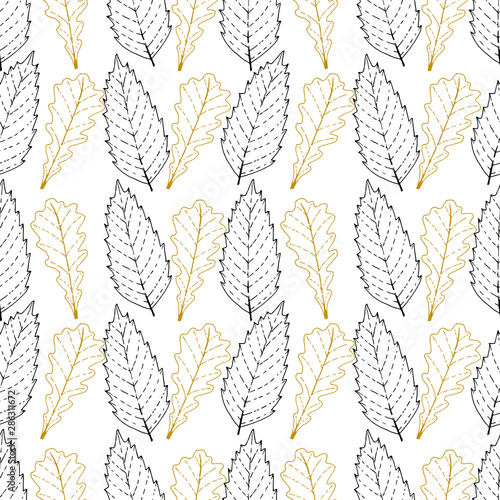 Seamless pattern with tree leaves. Pattern with black and gold outline. Chestnut and oak leaves.