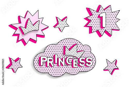 Set of cute vector stickers. Bubble for text, princess crown, stars. Pink color with black doodle stroke and dots. Pop art doll style. Photo booth props for birth party