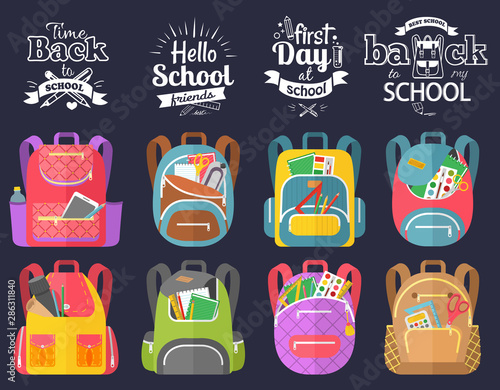 Colored school backpack. Education and study back to school, schoolbag luggage, rucksack vector illustration. Kids school bag with education equipment. Backpacks with study supplies. Student satchels