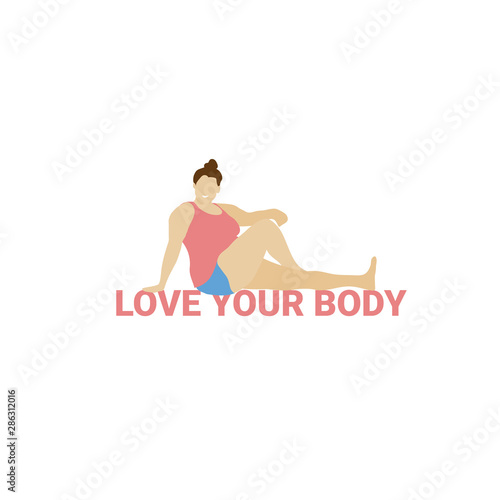 Love your body card, poster. Beautiful plus size woman vector flat illustration. - Vector