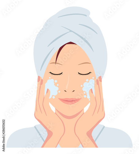 Young asian woman face vector illustration (just out of the bath) / cleansing, makeup removal 