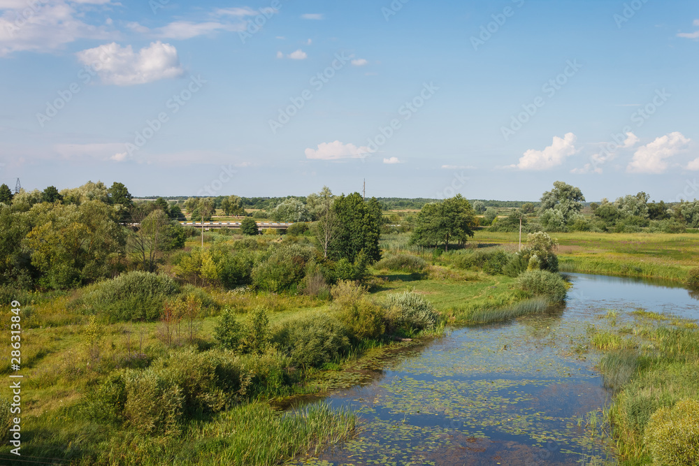 View of a picturesque landscape with a river. Landscape overlooking the riverbed. Overgrown shores View of a picturesque landscape with a river. Landscape overlooking the riverbed. Overgrown shores