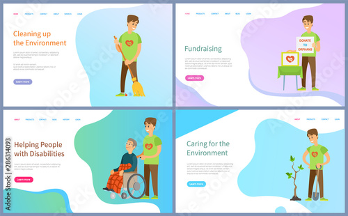 Fundraising and cleaning environment vector, people with disabilities and planting trees, watering plants, volunteers working, kind volunteering. Website or slider app, landing page flat style