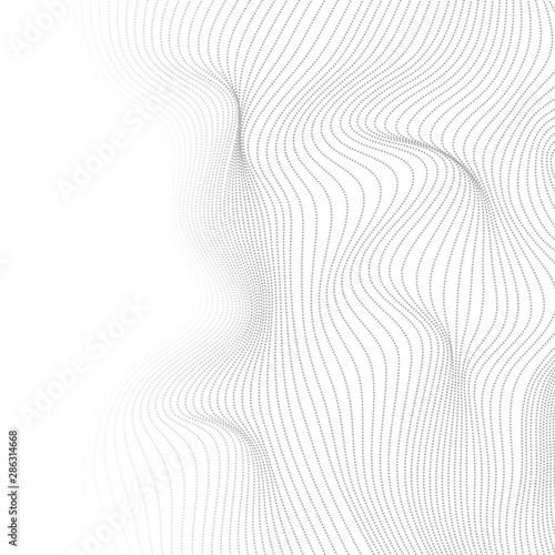 Grey dotted lines refracted 3d waves abstract modern graphic design. Sci-fi tech background. Vector wavy illustration