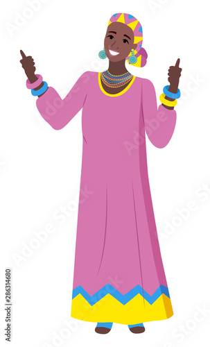 African woman in traditional dress vector, dancing lady wearing national hat and jewelry. Fashion costume with yellow and pink colors character appearance. Flat cartoon