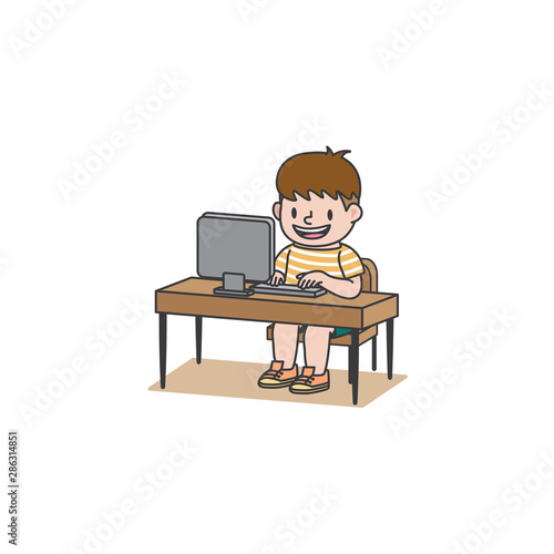 The student boy has been studying with computer or surfing the internet or chat or play game illustration vector on white background. Education and study concept.