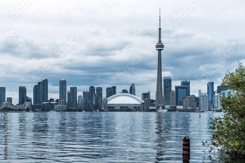 Waterfront view of Toronto City Skyscrapers along with CN Tower, Scarborough districts in summer, a view from Toronto Central Island, Toronto, Ontario, Canada