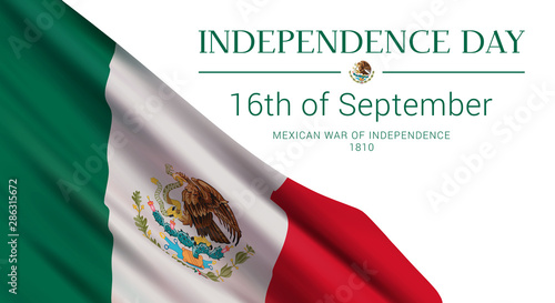 Independence Day of Mexico. 16th of September. Vector banner design template with flag of Mexico, and text isolated on white background.