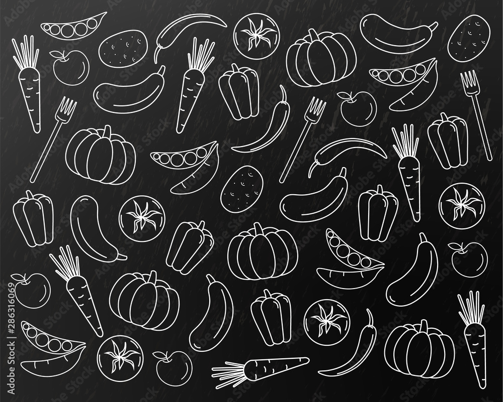 Vegetables pattern line art Vector. Pumpkin, carrot and tomatoes sketch. Menu grocery backgrounds Vegetables pattern line art Vector. Pumpkin, carrot and tomatoes sketch. Menu grocery backgrounds