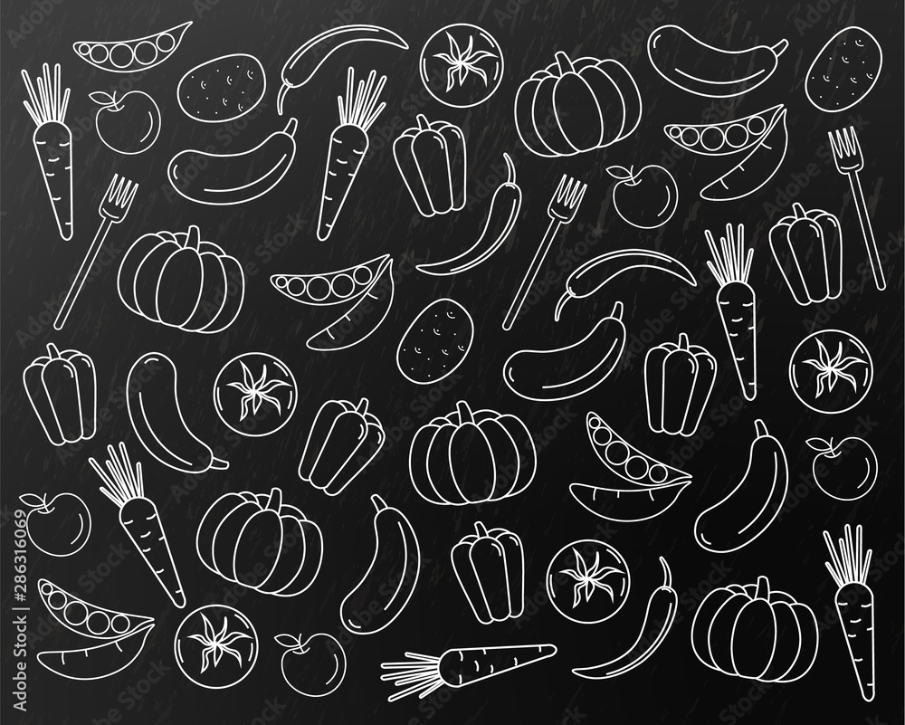 Vegetables pattern line art Vector. Pumpkin, carrot and tomatoes sketch. Menu grocery backgrounds