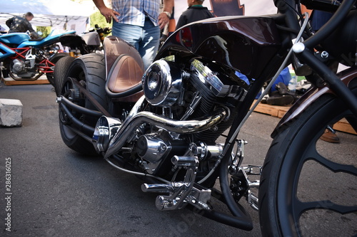 Lightweight and powerful motorcycle. Chrome parts, a leather seat, a large narrow front wheel and a wide rear wheel all make you want to own this iron monster.