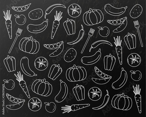 Vegetables pattern line art Vector. Pumpkin, carrot and tomatoes sketch. Menu grocery backgrounds