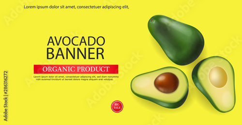 Avocado banner vector realistic. Menu page template layout. 3d illustrations