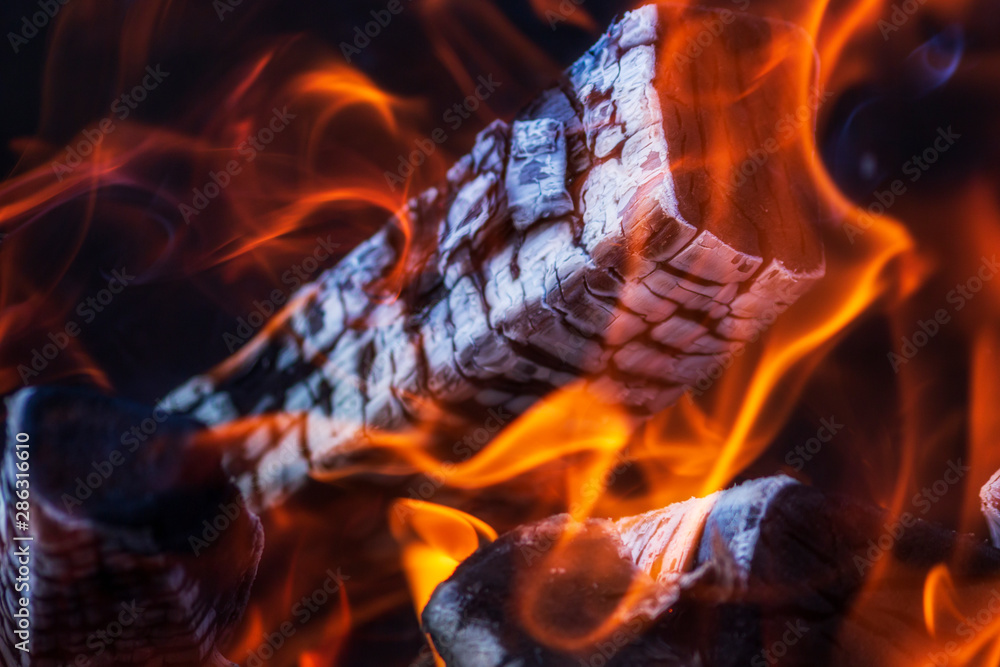 Fototapeta premium Burning firewood. Fire and firewood fever. Coal in the hearth. Concept - heat and coziness of the hearth, fire. 