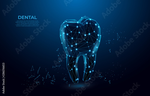 Dental care, dentist clinic, stomatology medicine concept. Tooth. Abstract low poly shine bright tooth illustration. Dentist white toothpaste, teeth freshness symbol