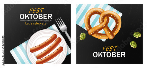October fest poster Vector realistic. Pretzel and grill sausage food. 3d illu...