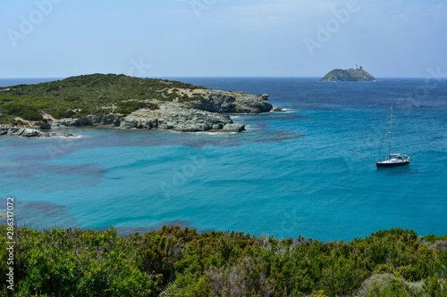 Sailing boat, Cap Corse. Sentier des douaniers. Corsica island, France