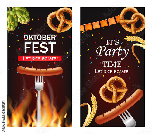 October fest poster Vector realistic. Pretzel and grill sausage food. 3d illu...