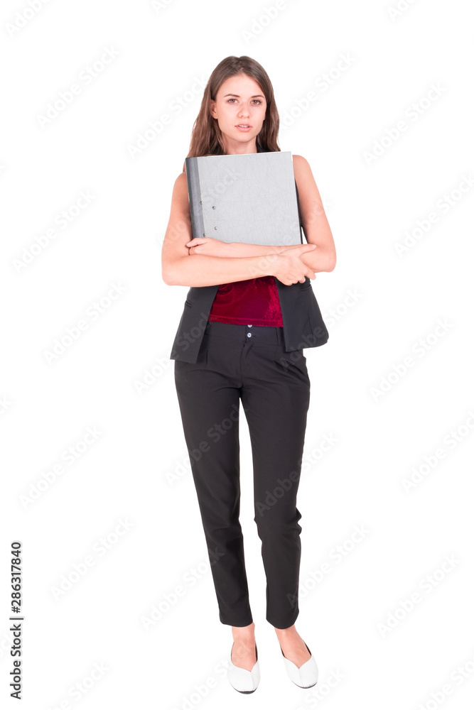 Full length portrait of beautiful standing posing young woman and holding a ducument folder and looking straight at the camera, isolated on white background. Full length portrait of beautiful standing posing young woman and holding a ducument folder and looking straight at the camera, isolated on white background.