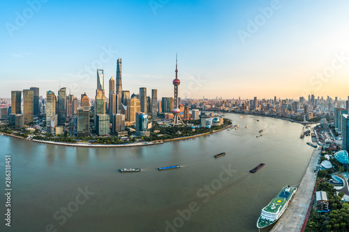 Aerial view of Shanghai skyline at sunset China.