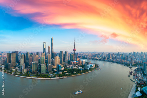 Aerial view of Shanghai skyline at sunset China.