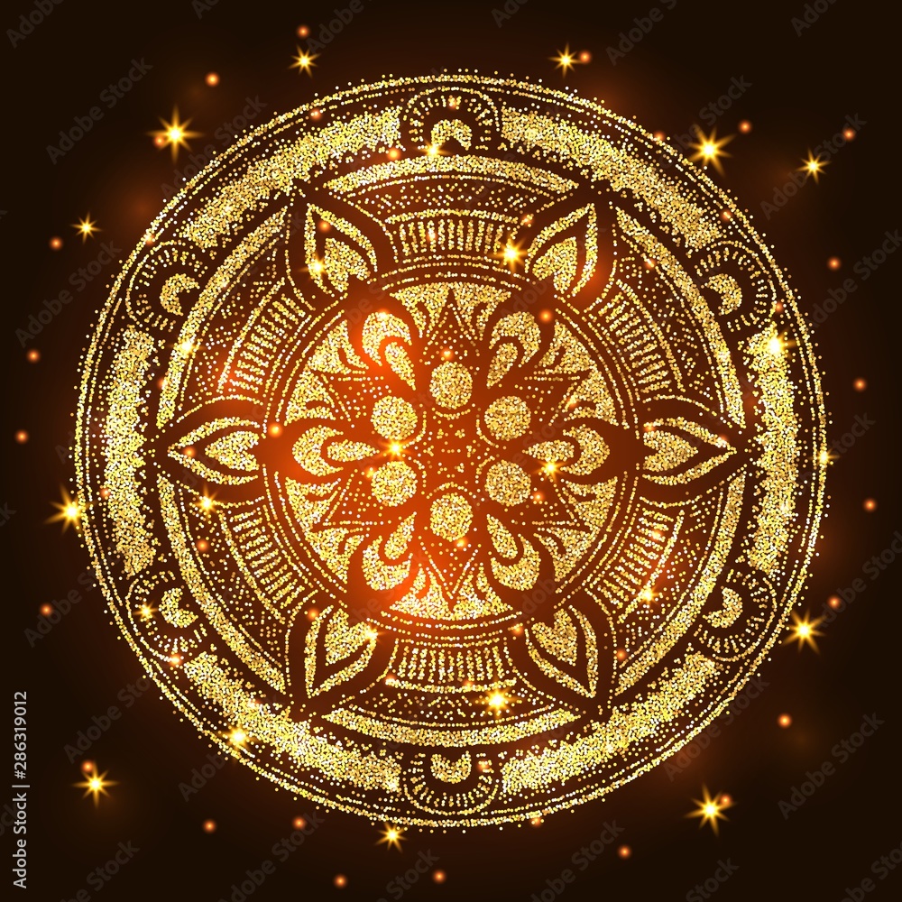 Abstract luxury glitter mandala on dark background with shine light. Ornament elegant invitation for wedding card. Gift invite with royal motif. Backdrop cover banner illustration vector design