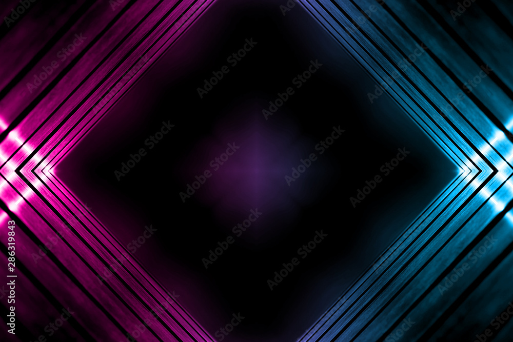 Fototapeta premium Dark abstract futuristic background. Neon lines, glow. Neon lines, shapes. Pink and blue glow