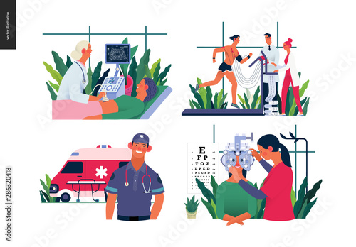 Set of medical insurance - ultrasonography, ultrasound, cardiac stress test, ambulance transport emergency evacuation, eye tests prescription glasses - modern flat vector concept digital illustrations