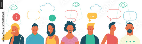 Bright people portraits - young men and women - row of talking people with bubbles above and watching eyes in the sky, chat and observing big brother, supervising concept