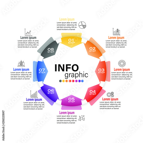 Circle chart infographic template with 8 options for presentations, advertising, layouts, annual reports.