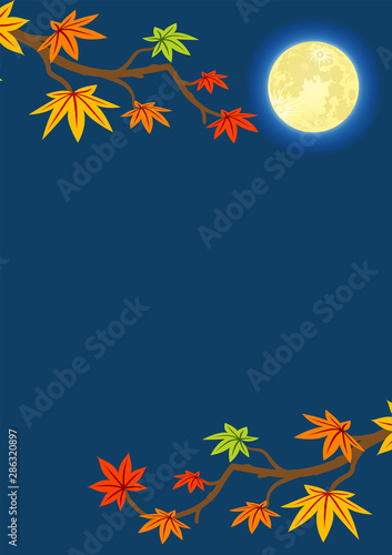満月と紅葉の小枝　縦構図 - 十五夜の背景素材