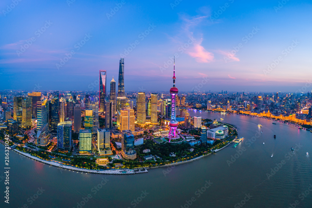 Aerial panoramic view of Shanghai skyline at night,China.