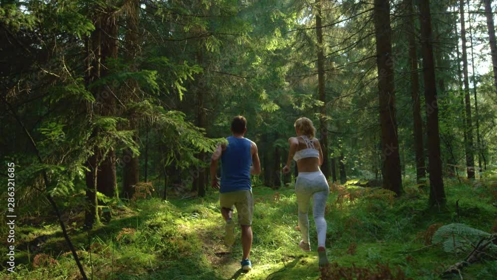 CLOSE UP, SLOW MOTION, LOW ANGLE: Unrecognizable joggers exploring the scenic woods on a sunny spring day. Blonde girl in white sportswear and her boyfriend running through the sunlit pine forest. CLOSE UP, SLOW MOTION, LOW ANGLE: Unrecognizable joggers exploring the scenic woods on a sunny spring day. Blonde girl in white sportswear and her boyfriend running through the sunlit pine forest.
