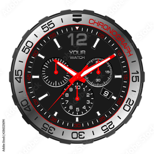Realistic black red silver clock watch chronograph sport luxury on white background vector illustration.
