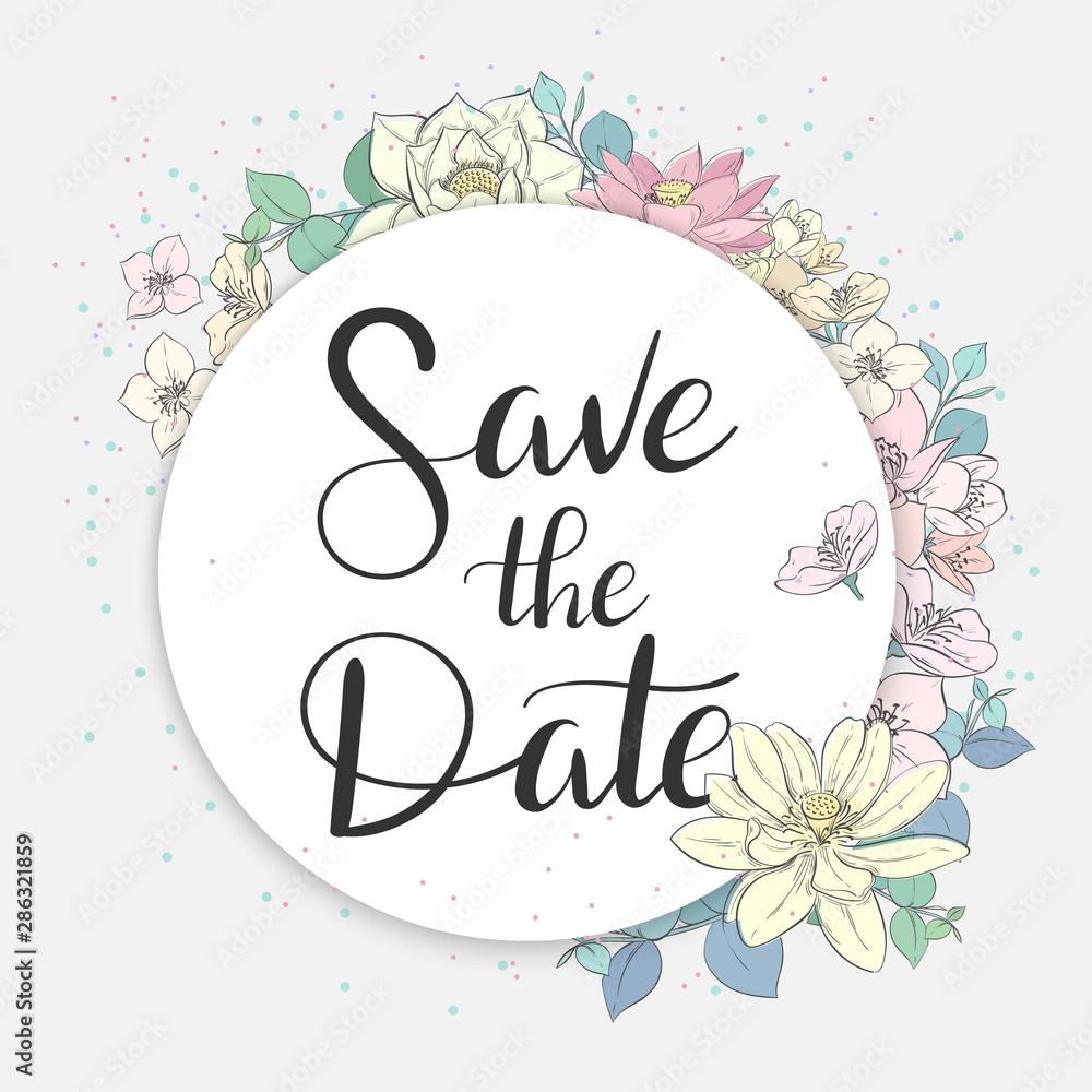 Save the date. Round template with flowers