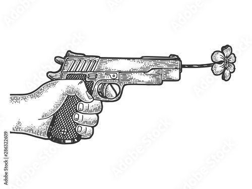 Gun shoots a flower sketch engraving vector illustration. Scratch board style imitation. Black and white hand drawn image.