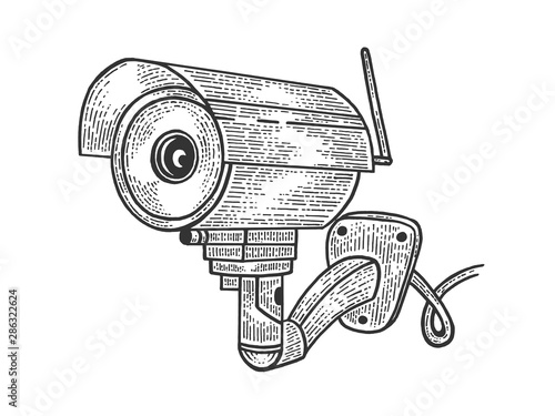 Videcam surveillance cctv camera sketch engraving vector illustration. Scratch board style imitation. Hand drawn image.