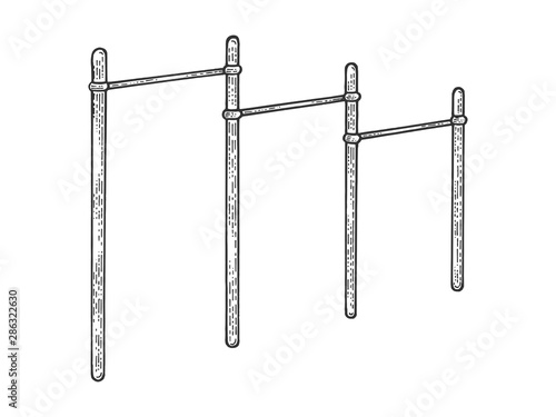 Horizontal bar sport equipment sketch engraving vector illustration. Scratch board style imitation. Black and white hand drawn image.