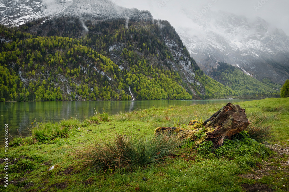 Misty summer morning on the Konigsee lake in German Alps