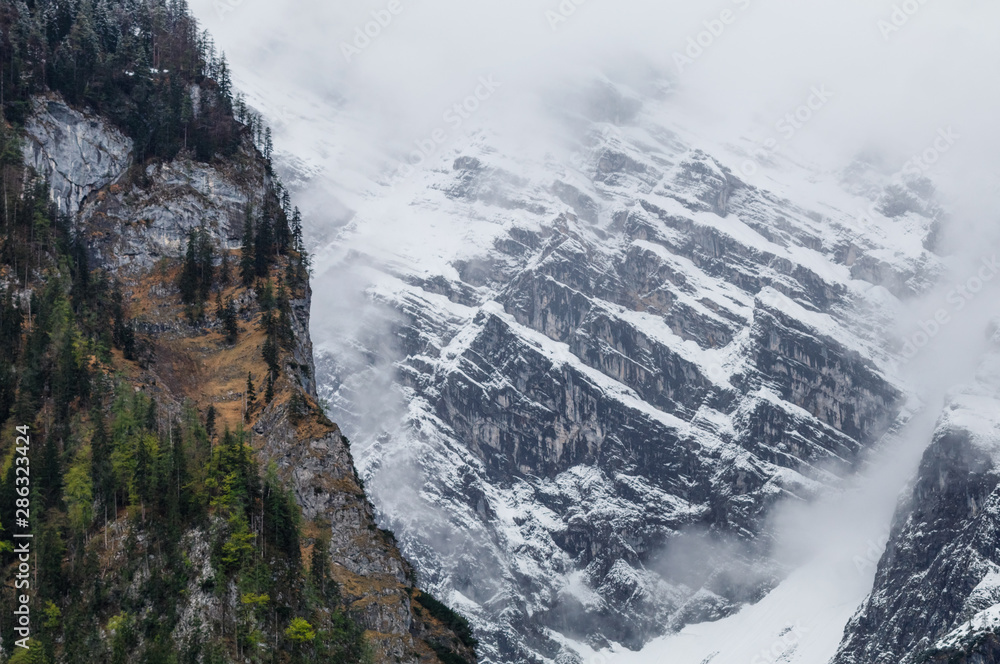 Snowy mountains on Berchtesgaden national park, Konigsee lake, Germany