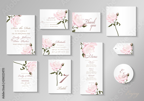 Wedding invitation with Rose flower, watercolor, isolated on white.  Vector Watercolour. © helenagl