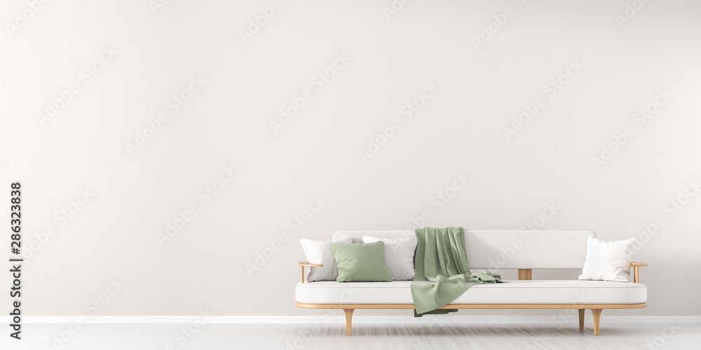 White, empty wall mock up in Scandinavian style interior with white couch. Minimalist interior design. 3D illustration. - obrazy, fototapety, plakaty 