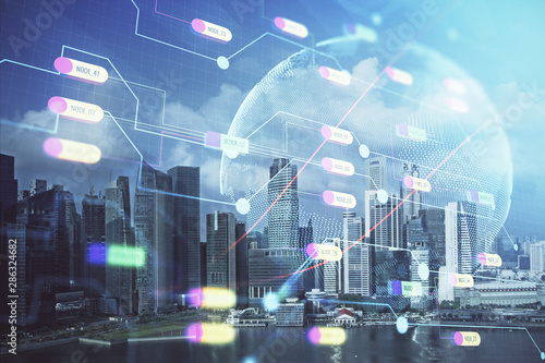 Photography Map and data theme hologram on city view with skyscrapers background double exposure